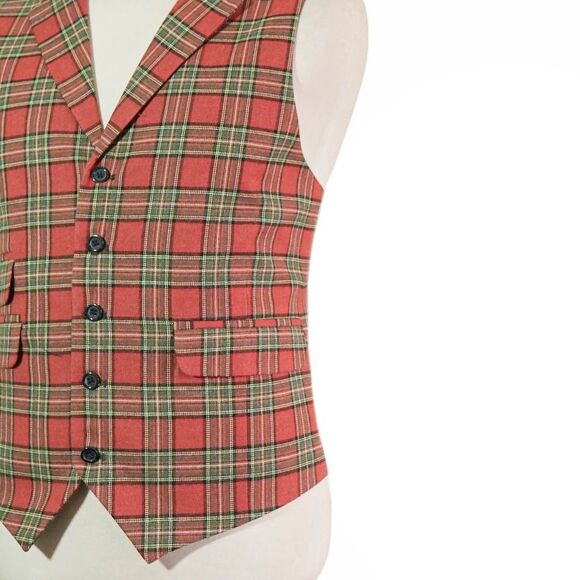 Mens 46R Wool Plaid Vest Brick Red Green Tartan Waistcoat Formal Wedding Party - Picture 5 of 8